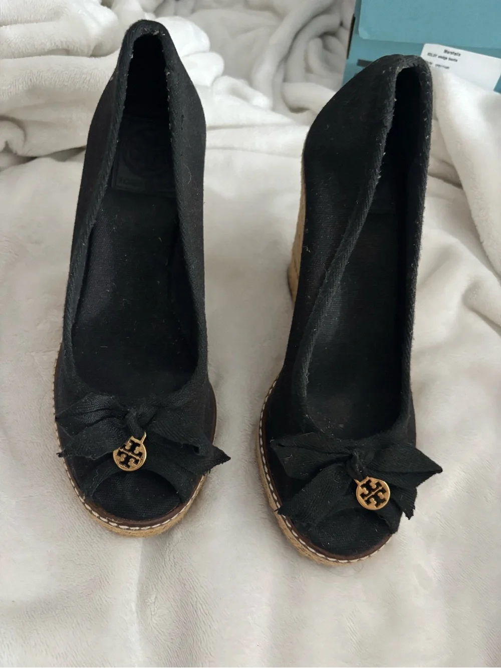 Tory Burch Black Canvas Peep-Toe Espadrille Wedges with Gold Logo Charm